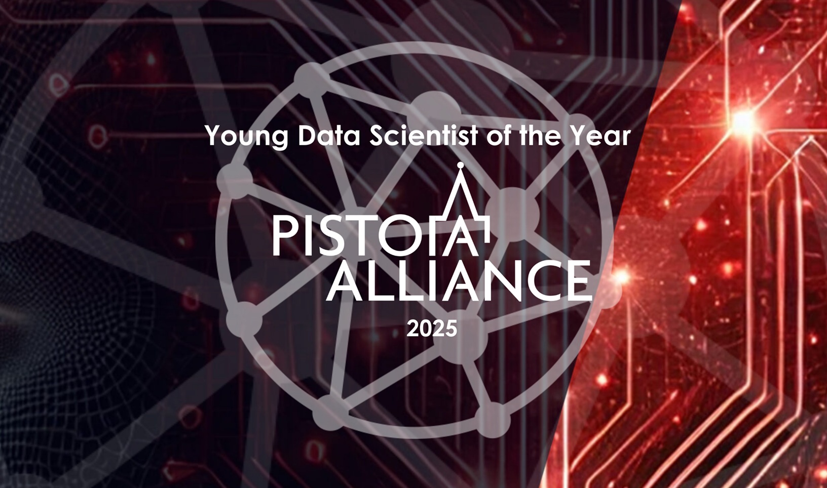 black and red young data scientist of the year event banner featuring a logo of the pistoia alliance over an icon of a global network