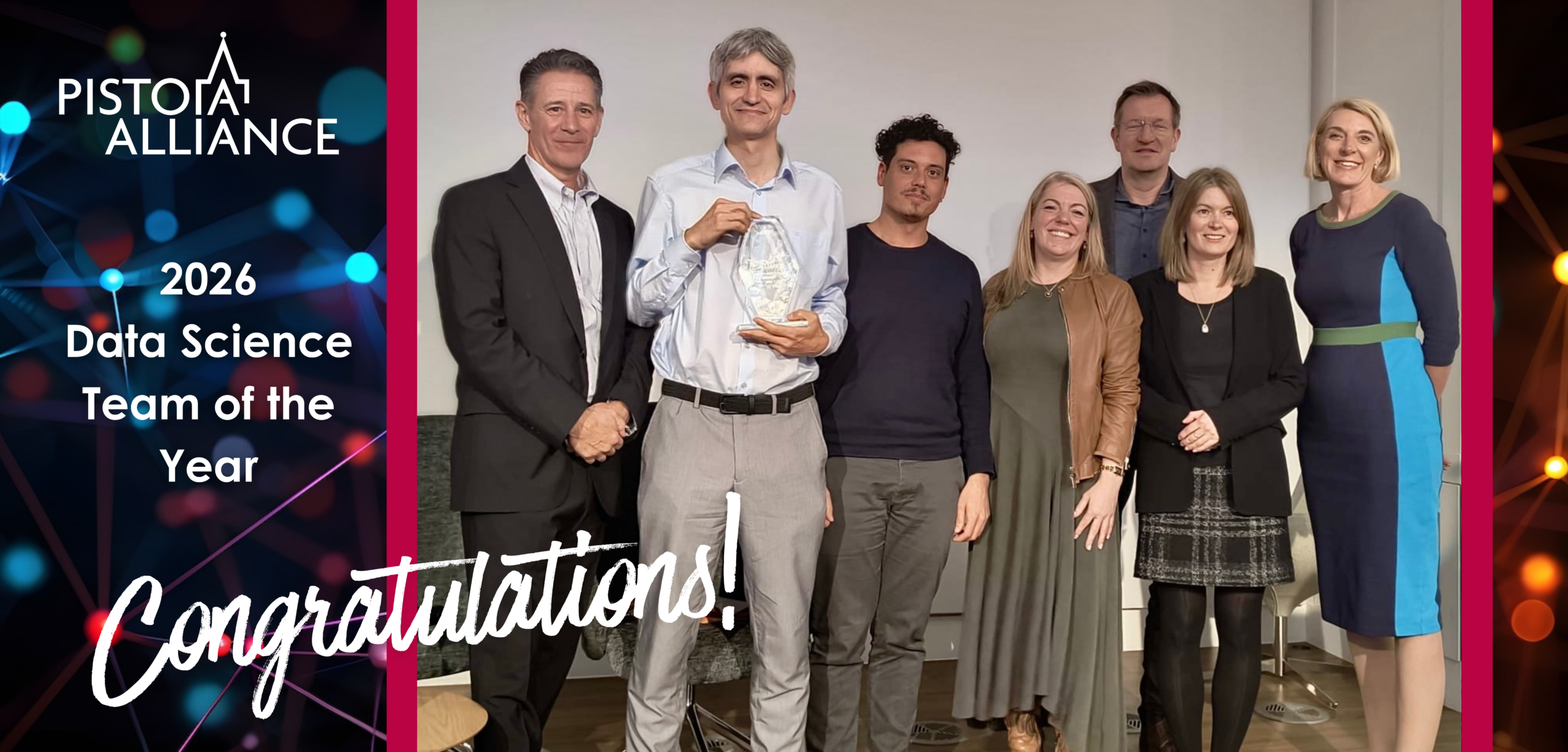 The three finalists of the Data Scientist Team of the Year Award on stage with Becky Upton, president of the Pistoia Alliance, Lars Greiffenberg and Tanya Randall