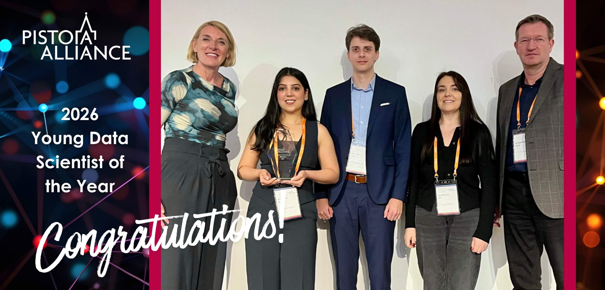The three finalists of the Young Data Scientist of the Year Award on stage with Becky Upton, president of the Pistoia Alliance, and Lars Greiffenberg, Abbvie